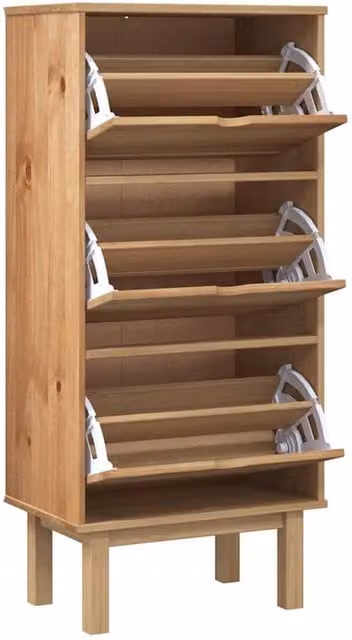 Berkfield Home OTTA Shoe Cabinet in Brown Solid Wood Pine with 3 Drawers and Tilting Compartments, W/D/H: 120 x 35 x 55 cm