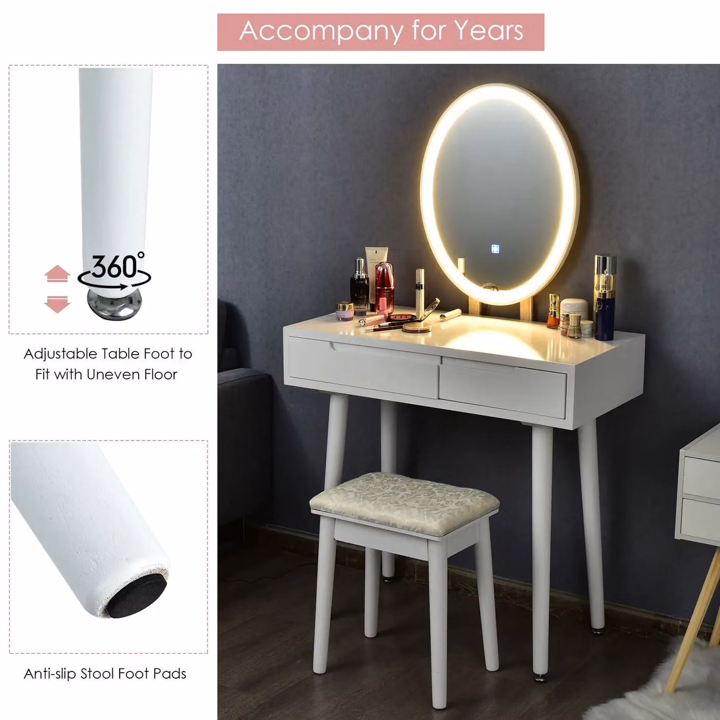 Costway Modern White Vanity Table Set with Hollywood LED Lighted Mirror and Rubberwood Construction – 5