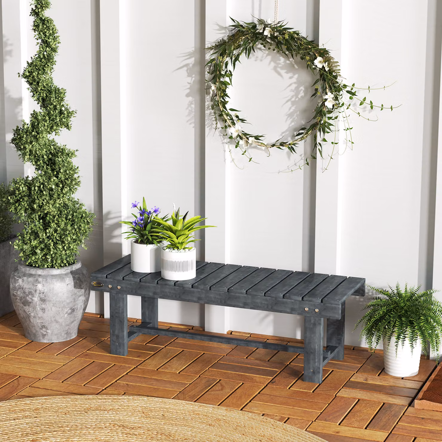 Outsunny 2-Seater Modern Grey Lacquered Treated Hardwood Garden Bench – 2