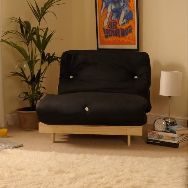 Comfy Living Black Fabric Luxury Futon Chair Fold Out Sofa Bed with Solid Pine Wood Frame