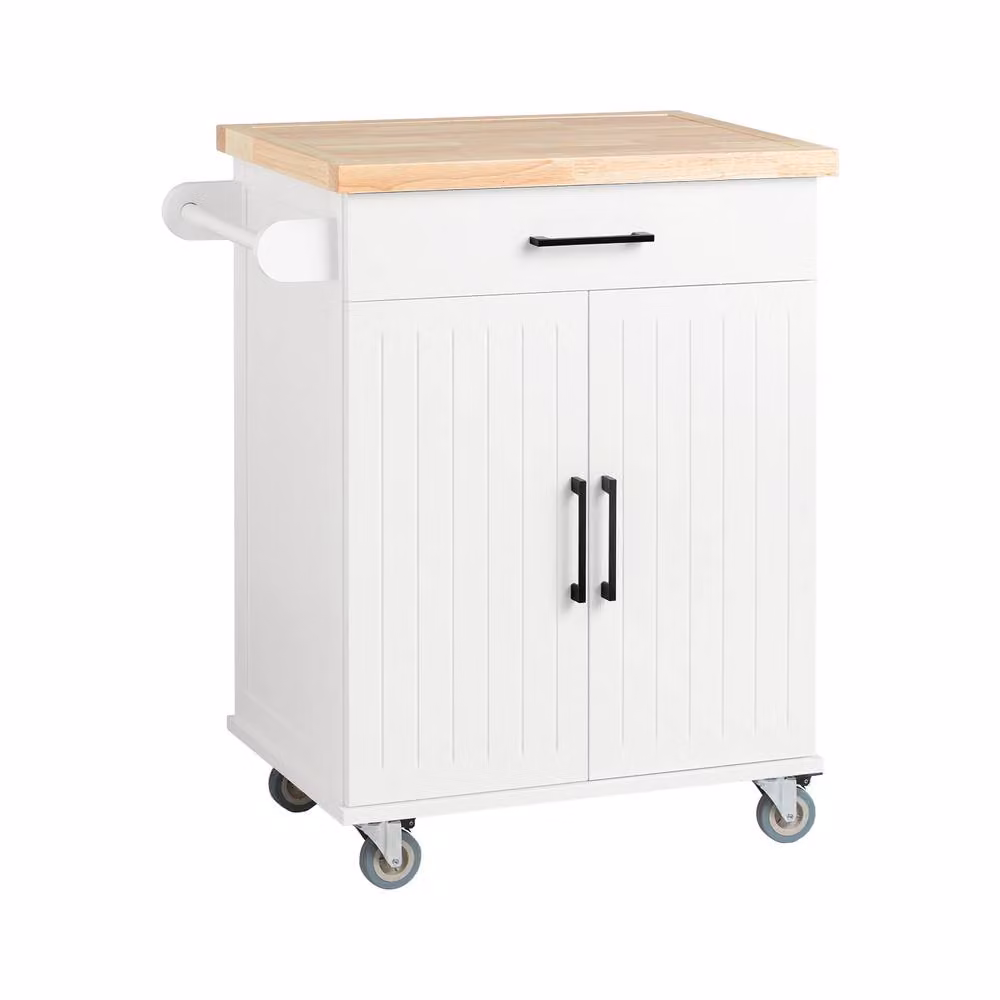 SoBuy White Country House Kitchen Trolley with Rubberwood Top and Hinged Doors – 2