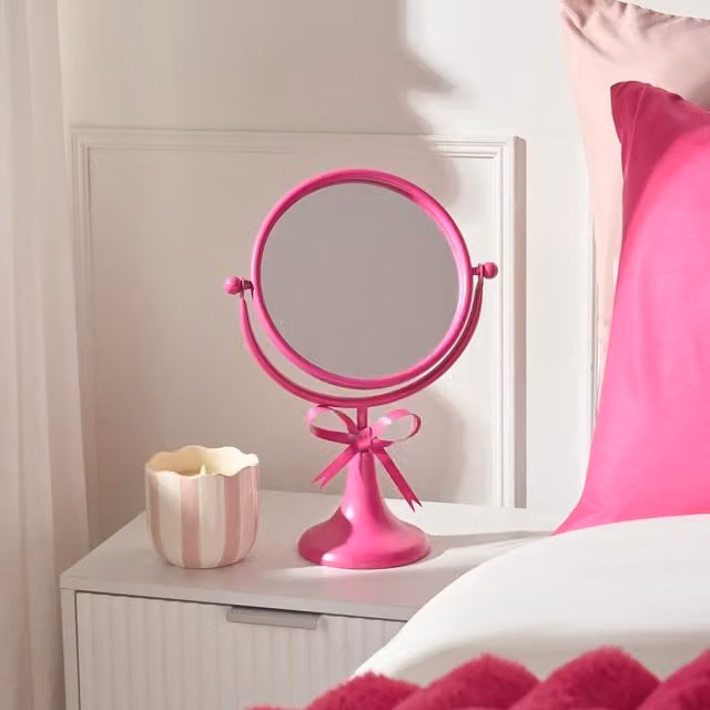 OHS Round Tabletop Bow Swing Mirror in Pink