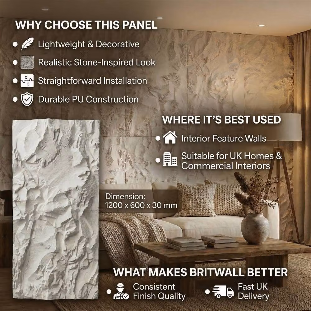 ENER-J 3D PU Faux Stone Wall Panels in Off-White, Crushed Light Stone Finish, 3-Pack, W: 120 cm, H: 60 cm – 2