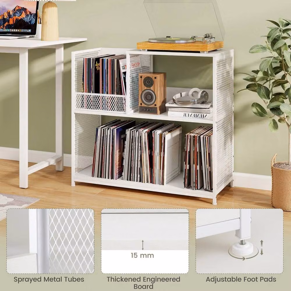 VOGREX 3-Tier White Record Player Stand and Vinyl Display Rack with Media Storage – 2