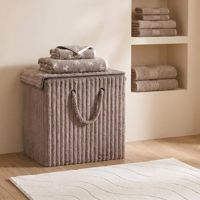 OHS Ribbed Faux Fur Folding Laundry Basket with Lid and Handles in Beige