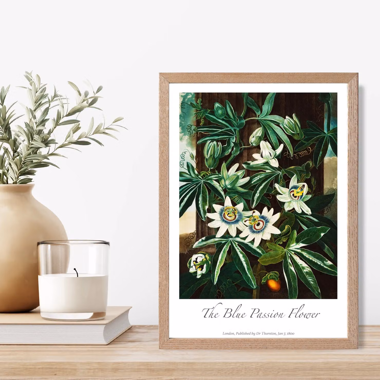 ARTZE Blue Passion Flower Vintage Floral Framed Print with Green Oak Frame, A2 – 2