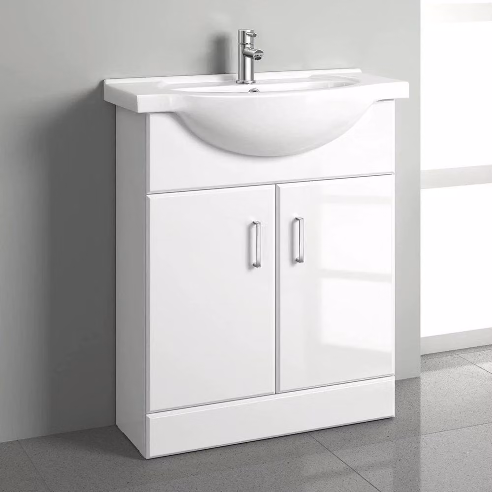 SPETLEK White Glossy Bathroom Vanity Unit and Under Sink Basin Storage with Hinged Doors and Internal Shelves – 2