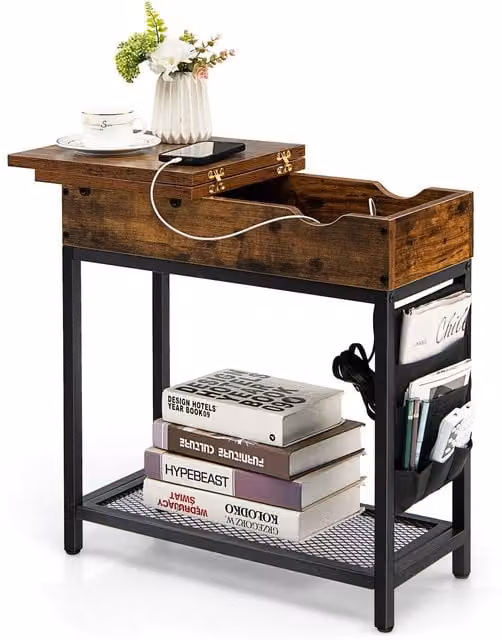 Costway Brown Narrow Side Table with Flip Top, Charging Station and Side Pocket