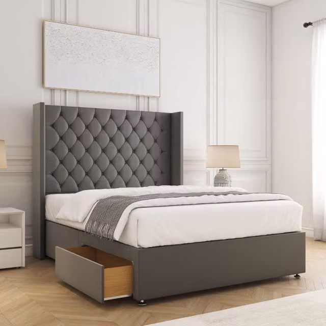 BSSPOKE Winchester Plush Grey Velvet Divan Bed with 54 inch Headboard and 2 Drawers, W/D/H: 120 x 200 cm