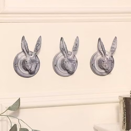 Melody Maison Set of 3 Grey Metal Hare Head Wall Mounted Coat Hooks