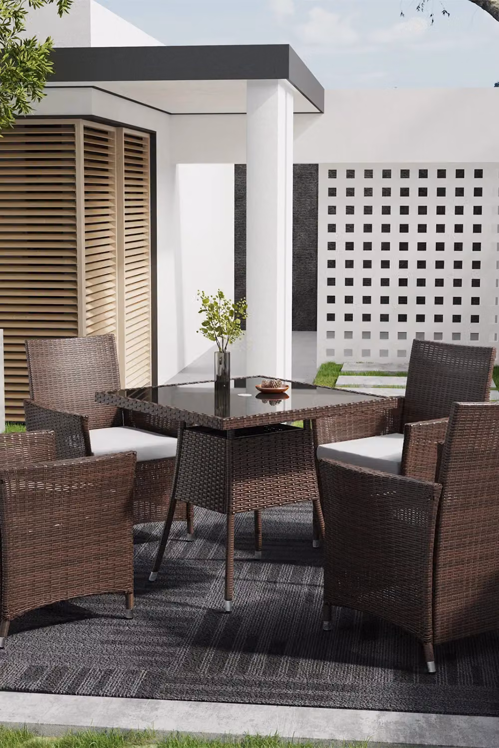 Living and Home Garden Wicker Dining Table with Tempered Glass Top and Parasol Hole in Brown – 5