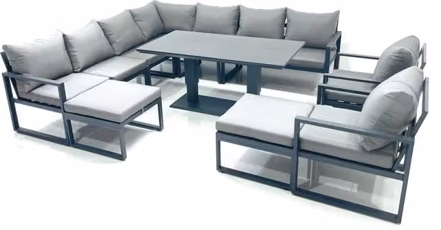 Fimous 11 Seater Outdoor Garden Furniture Set in Dark Grey with Powder Coated Aluminium Frame, Corner Sofa, 2 Chairs, 2 Large Footstools and Height Adjustable Dining Table