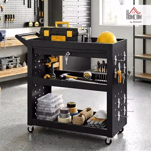 HOMCOM 3-Tier Steel Tool Cart with Pegboards, Drawer and Lockable Wheels, Black, W: 90.0 cm, D: 35.0 cm, H: 78.0 cm – 2