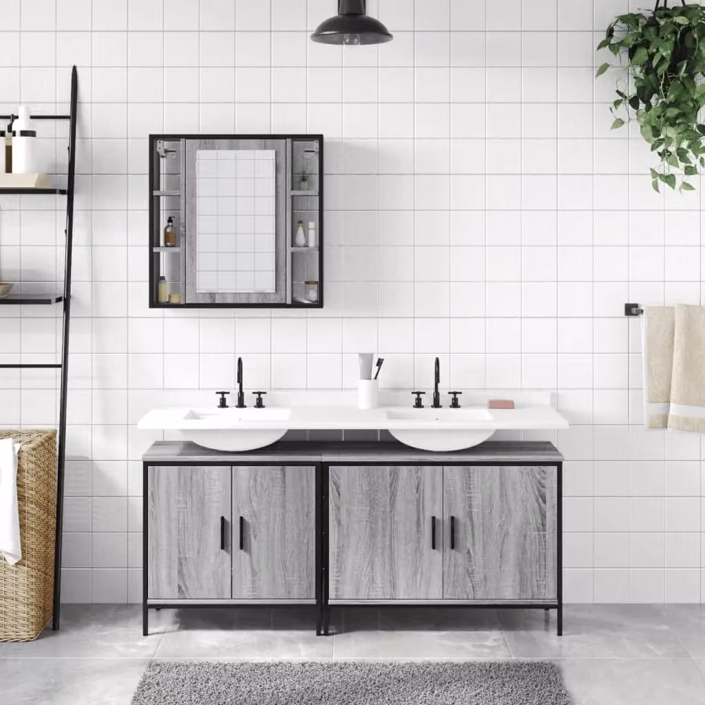 Berkfield Home 3 Piece Grey Modern Bathroom Cabinet Set with Mirror Cabinet – 2