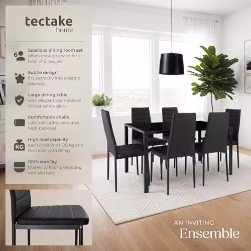 tectake Modern Dining Table Set with 6 Black Faux Leather Chairs and Glass Top – 2