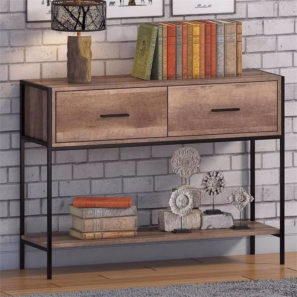 Nordara 2 Drawer Console Table with Black Metal Frame and Brown Wood Finish – 3