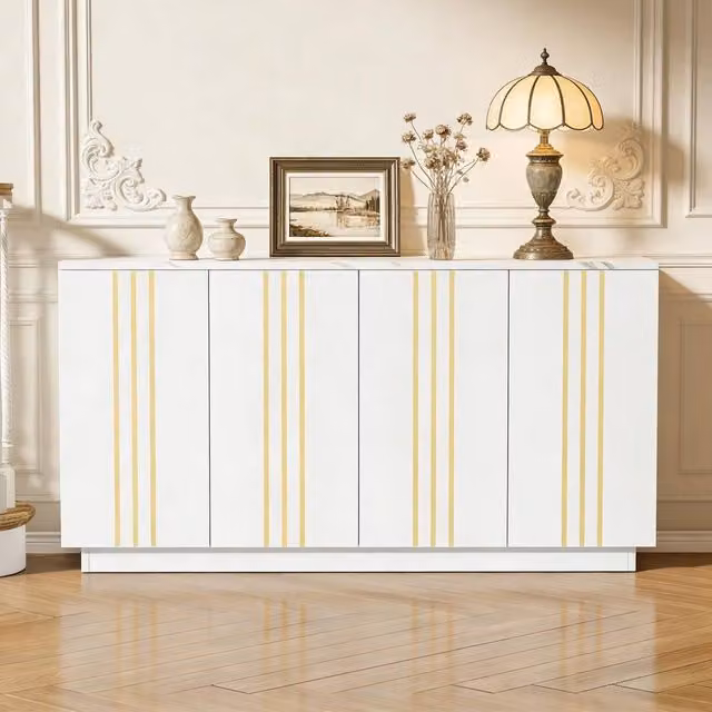 Merax White and Gold Modern 4-Door Buffet Cabinet Sideboard, W: 140 cm, H: 70 cm, D: 35 cm