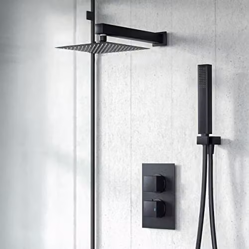 Nes Home Matte Black 2 Dial 2 Way Thermostatic Mixer Valve Shower Set with Overhead Shower and Handset – 1