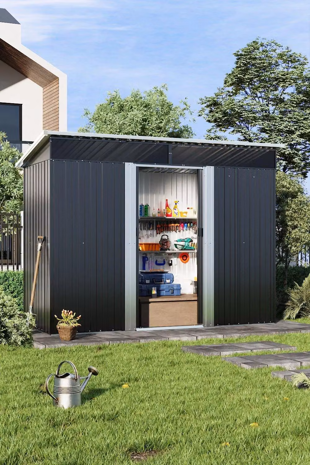 Garden Sanctuary Modern Black Metal Pent Garden Storage Shed with Lockable Sliding Doors W/D/H: 249 x 120 x 200 cm – 2