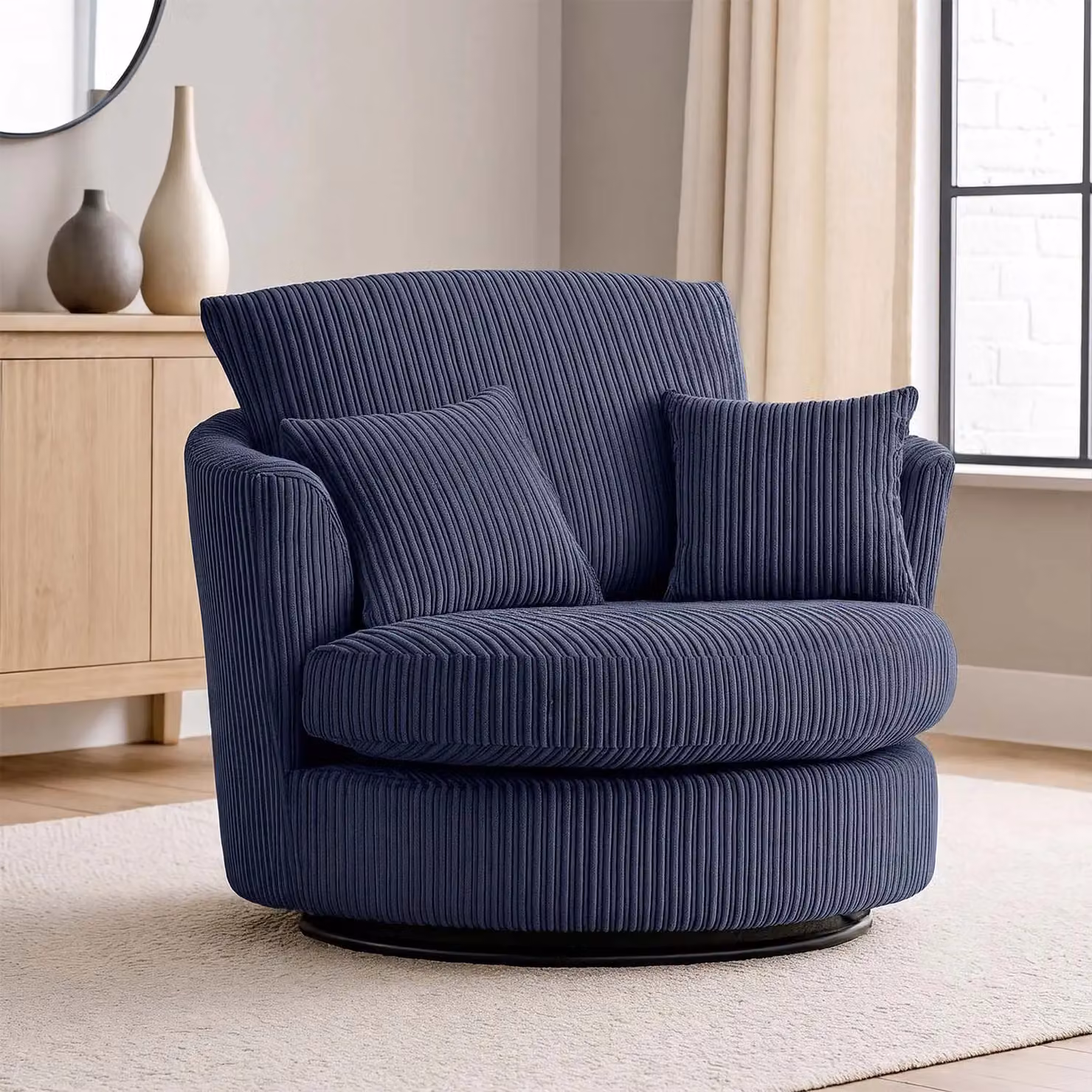 Furnishings For Less UK Luxor Jumbo Cord Fabric Single Seater 360 Degree Swivel Chair in Navy Blue, H 80 cm x W 110 cm x D 105 cm – 4