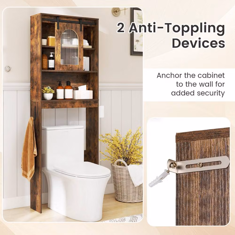 Costway Over Toilet Storage Cabinet Bathroom Organiser with Toilet Paper Holder in Brown – 6