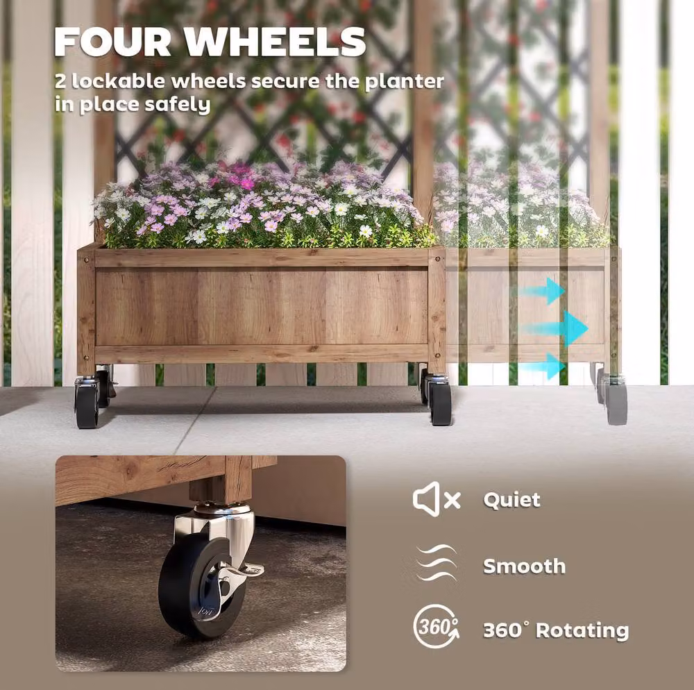 STILVORA Brown Wooden Raised Planter with Steel Trellis and Wheels – 6