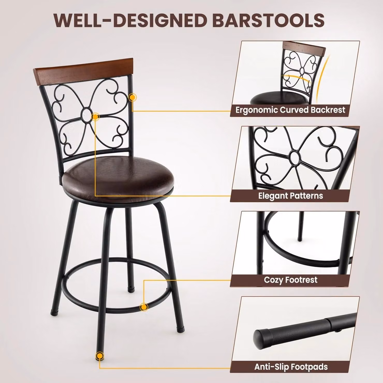 Costway Set of 2 Brown Synthetic Leather Swivel Bar Stools with Adjustable Height and Metal Base – 6