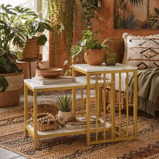 Wyld Haus Rolana Nesting Tables Set of 2 with Marble Effect Tops and Gold Tone Metal Frames in White