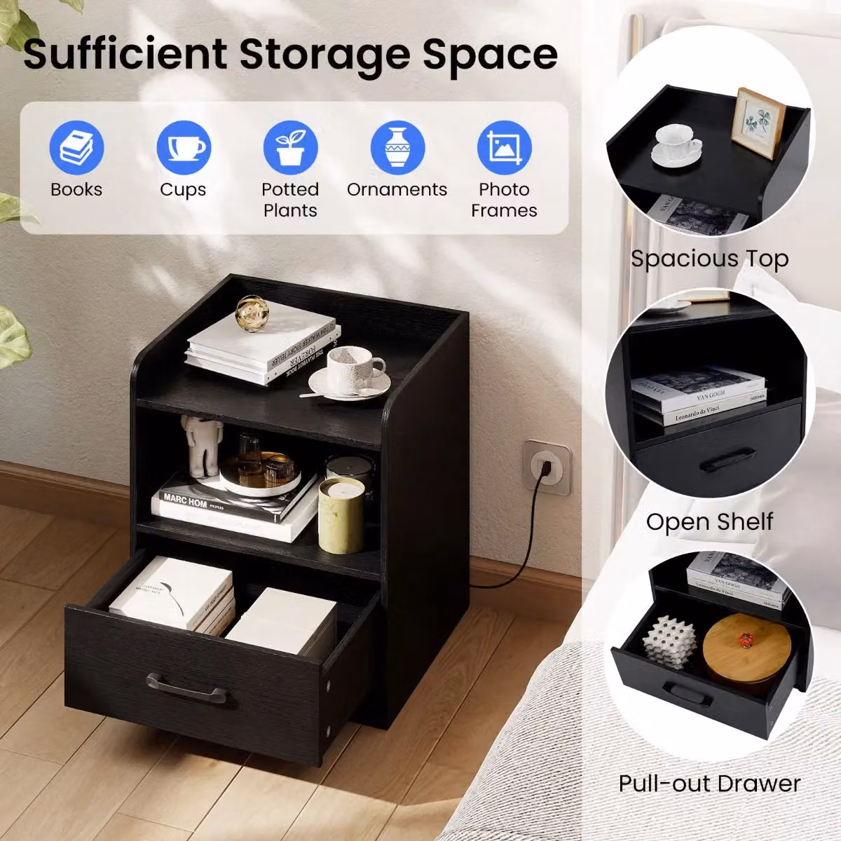 Costway Modern Small Bedside Table with Drawer in Black – 3