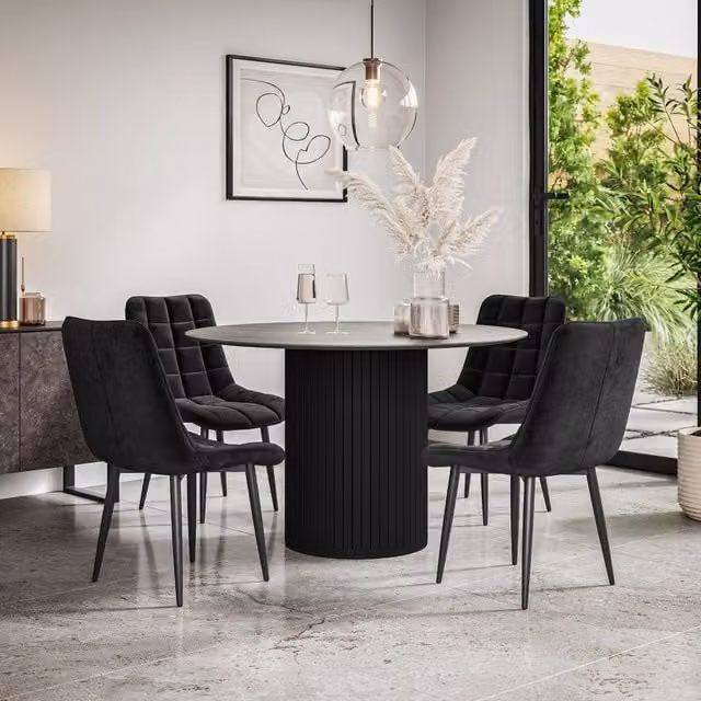 More4Homes Arlo Concrete Round Dining Table with Black Legs and 6 Nova Velvet Dining Chairs Set – 1
