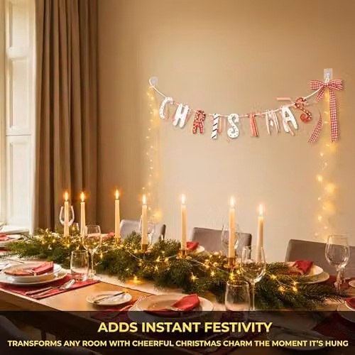 Shatchi Vintage Country Style Tartan and Cream Wooden Christmas Garland Banner with Red and White Checked Pennants – 5