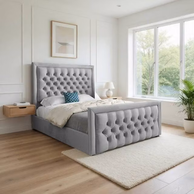 KDMD Ugborough Modern Upholstered Velvet Designer Bed Frame in Grey, Size: Double (140 x 200 cm)