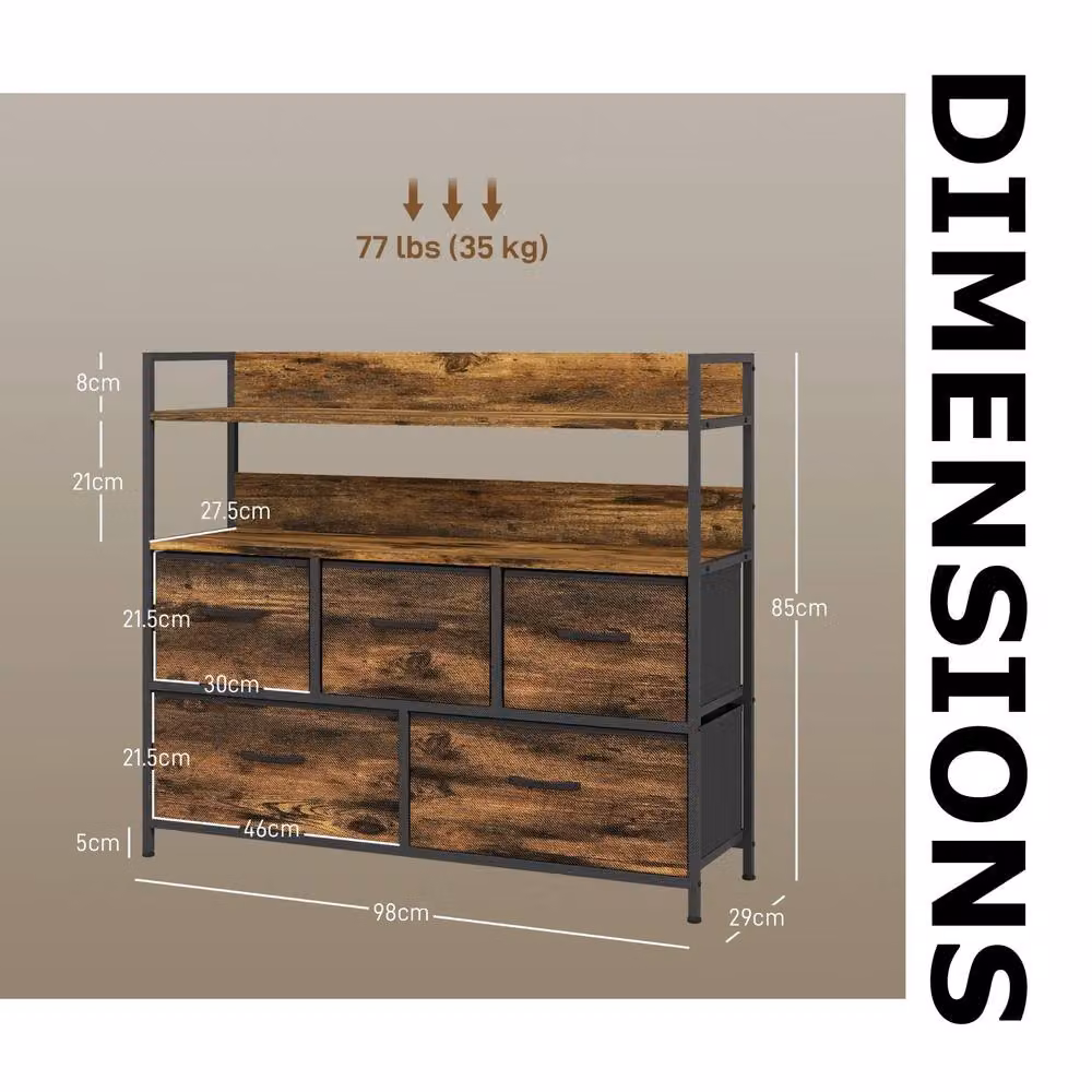 FURNOS Industrial 5 Drawer Chest Storage Unit with Shelves in Brown and Black – 5