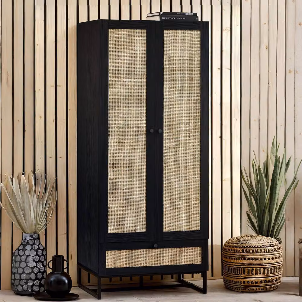 Cheshire Premium Trelawny Black Rattan Freestanding Wardrobe with Hinged Doors and Hanging Rod – 3