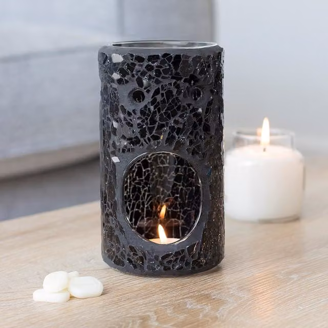 Kingsbury Gifts Black Glass Pillar Crackle Effect Tealight Oil Burner