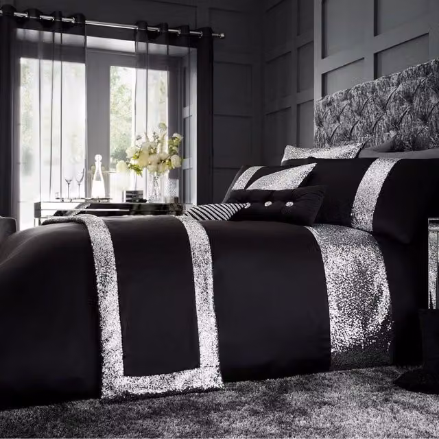 Smart Living Glamour Duvet Cover and Pillowcase Set, Black, 140 x 200 cm