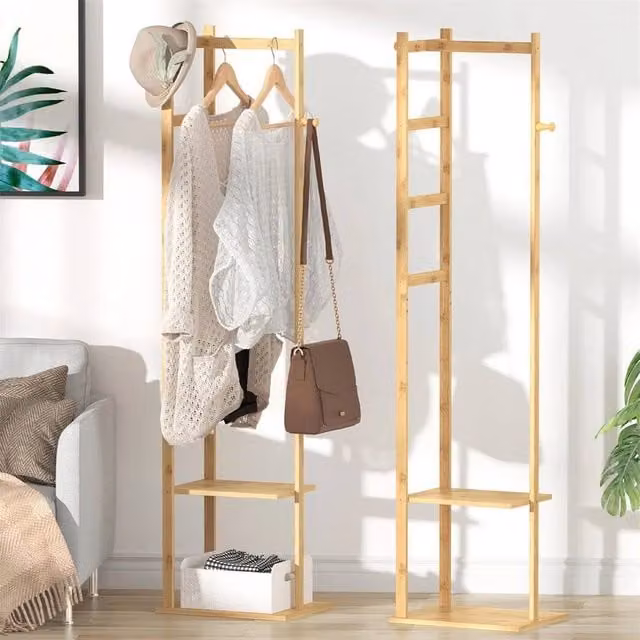 EONLION Bamboo Free Standing Clothes Rack and Coat Rail in Brown