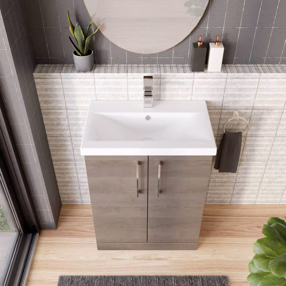 Balterley Contemporary Floor Standing 2-Door Bathroom Vanity Unit with Mid-Edge Ceramic Basin, Solace Oak Brown, W: 61 cm, D: 39 cm, H: 84 cm – 3