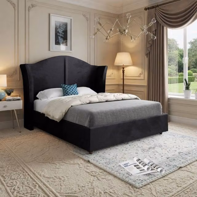 KDMD Yorkley Curved Winged Upholstered Designer Bed Frame in Black Soft Velvet, Size: Single (90 x 200 cm) – 1