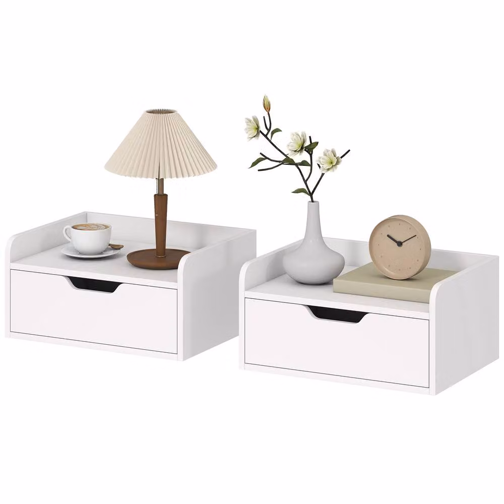 STILVORA Set of 2 Wall Mounted Bedside Tables with Drawer, White – 2