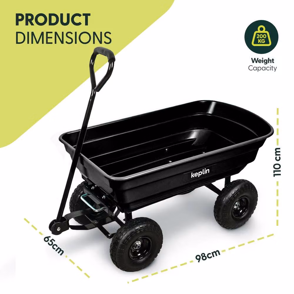 Keplin 75L Garden Cart with Pneumatic Tyres, 4 Wheel Trolley in Black – 2