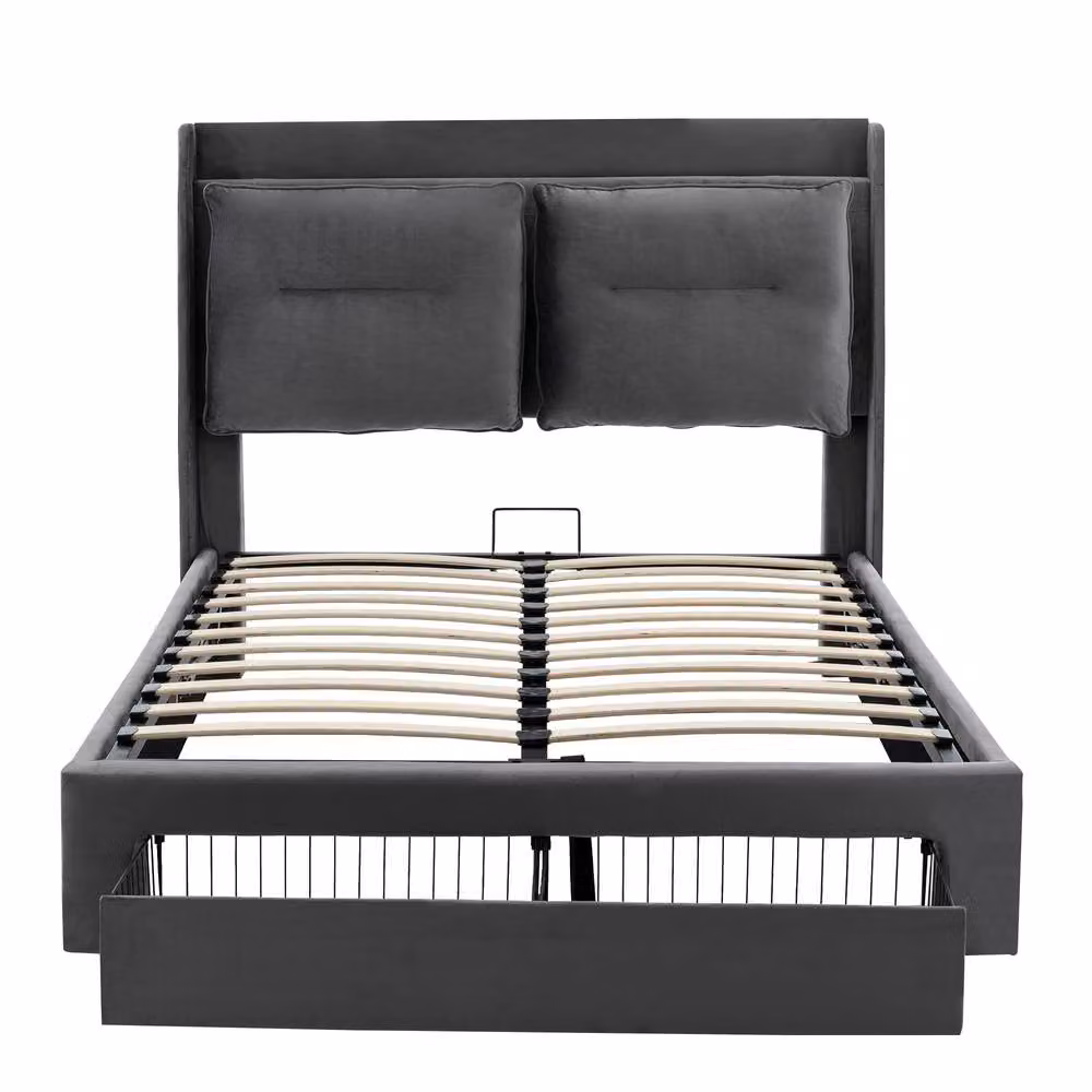 Merax King Size Velvet LED Ottoman Storage Bed with Cushion Headboard in Grey, W/D/H: 150 x 200 cm – 7