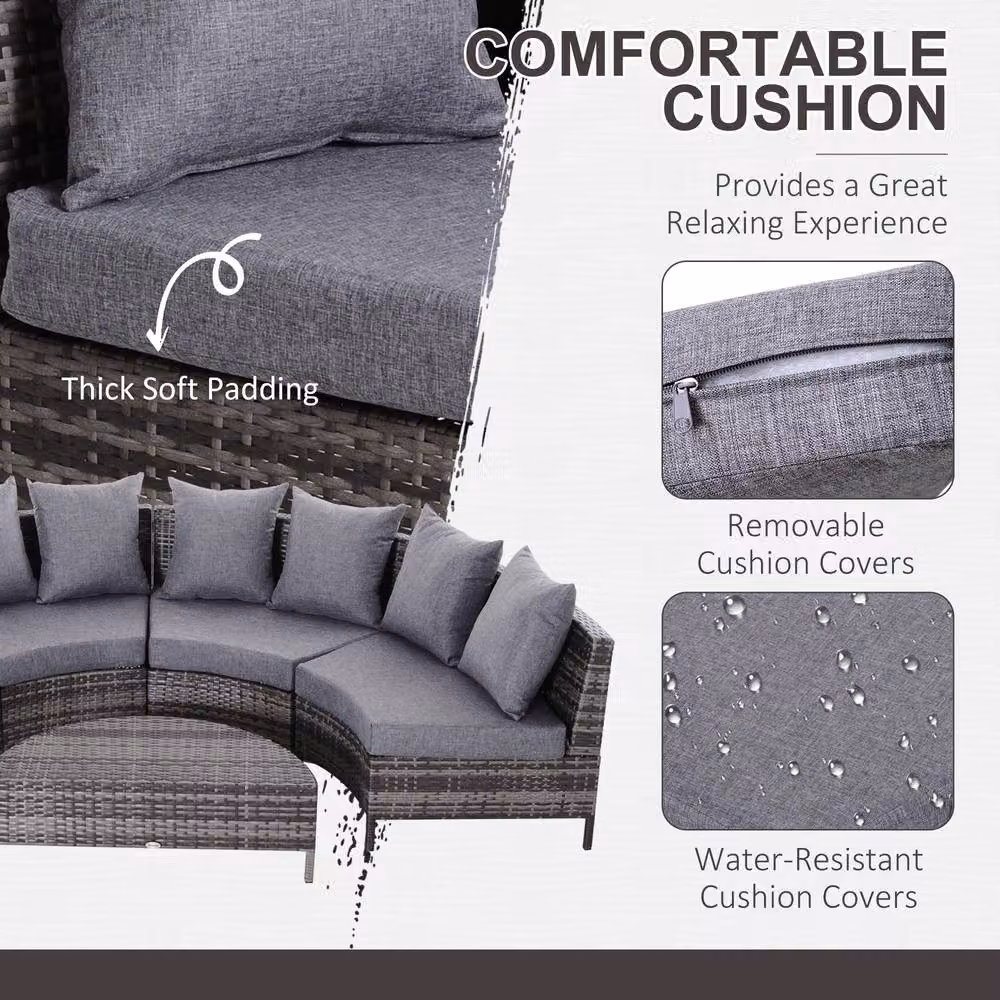 OUTSUNNY Grey Rattan 4 Seater Half-round Garden Patio Sofa and Table Set – 3