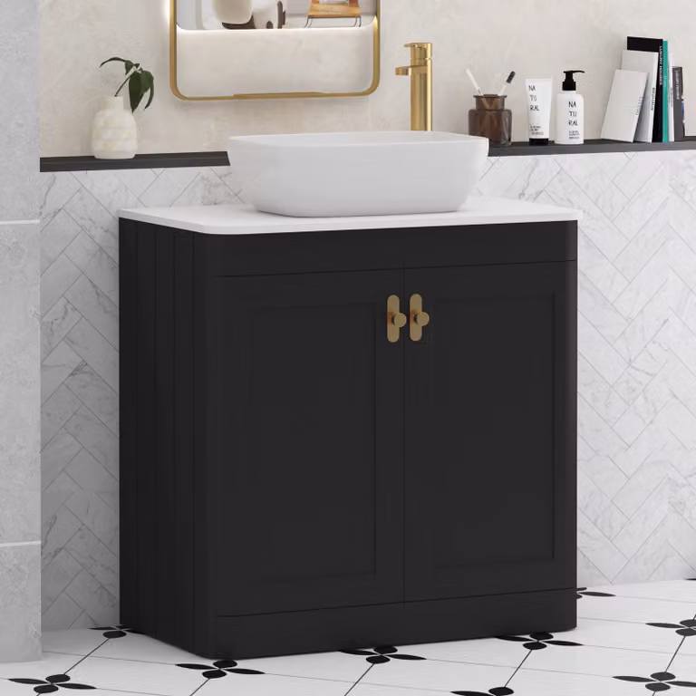 Royal Bathrooms Henley 800mm Matt Nocturne Black Floor Standing 2 Door Vanity Unit with Plain White Worktop, Elva Basin and Brushed Brass Knob