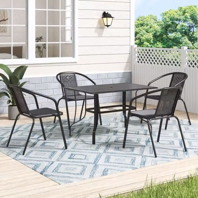 Komore Modern Black Metal Coffee Table and 4 Stackable Rattan Chairs Set with Geometric Design