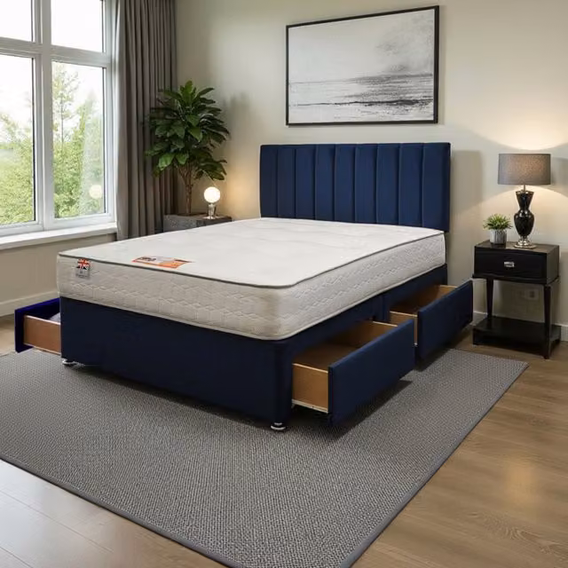 Knight Sleep Paris Plush Double Bed Set with Mattress and 4 Drawers in Navy Blue, W/D/H: 140 x 200 cm