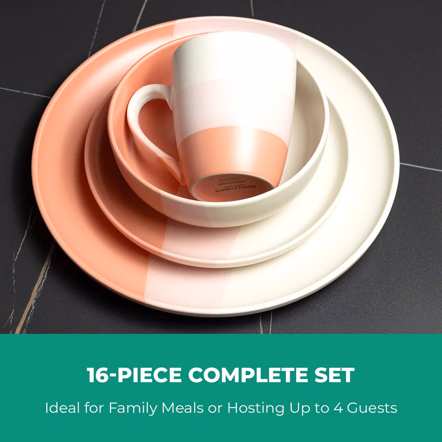 Royalford 16 Piece Stoneware Dinnerware Set in Pink and White, Microwave and Dishwasher Safe – 3