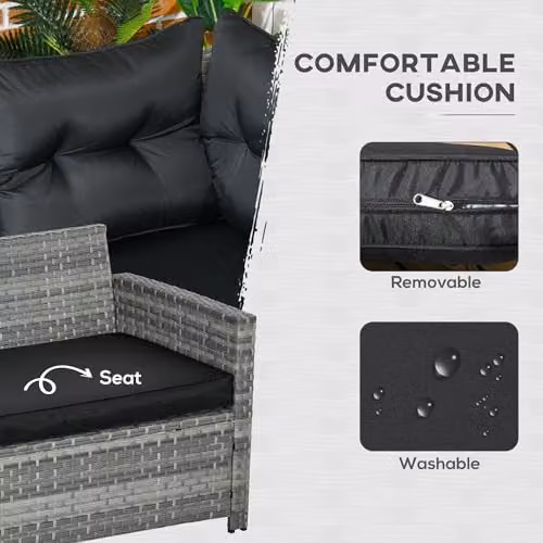 Outsunny 5 Piece L-Shape Rattan Garden Furniture Set in Grey with 3-Seater Sofa, Coffee Table, Ottoman and Cushions – 4