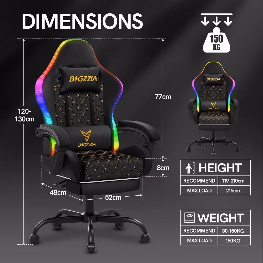 Gartistgo Black PU Leather Gaming Chair with RGB Lights, Footrest and Headrest – 2