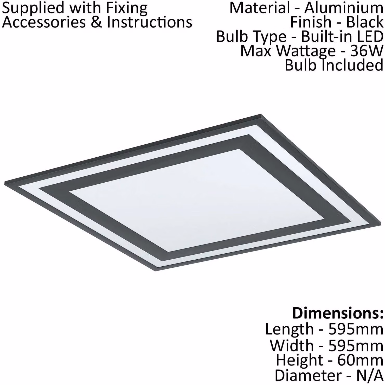 Loops Modern Black Square Slim LED Wall and Ceiling Light, 36W, W: 59.5 cm – 2